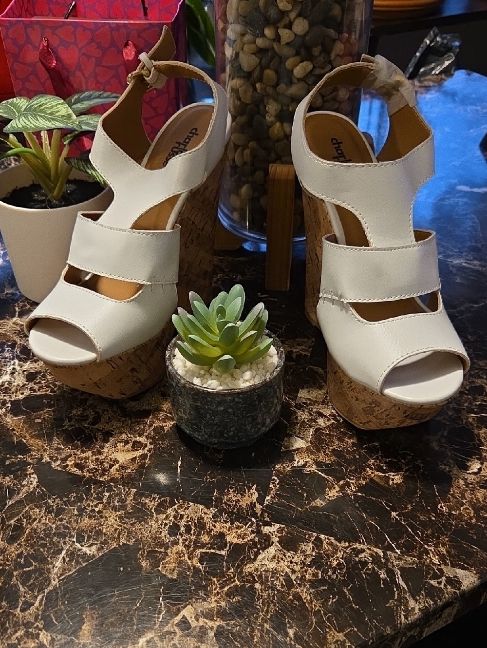 Charlotte Russe White Cork Platform Sandals with Ankle Strap